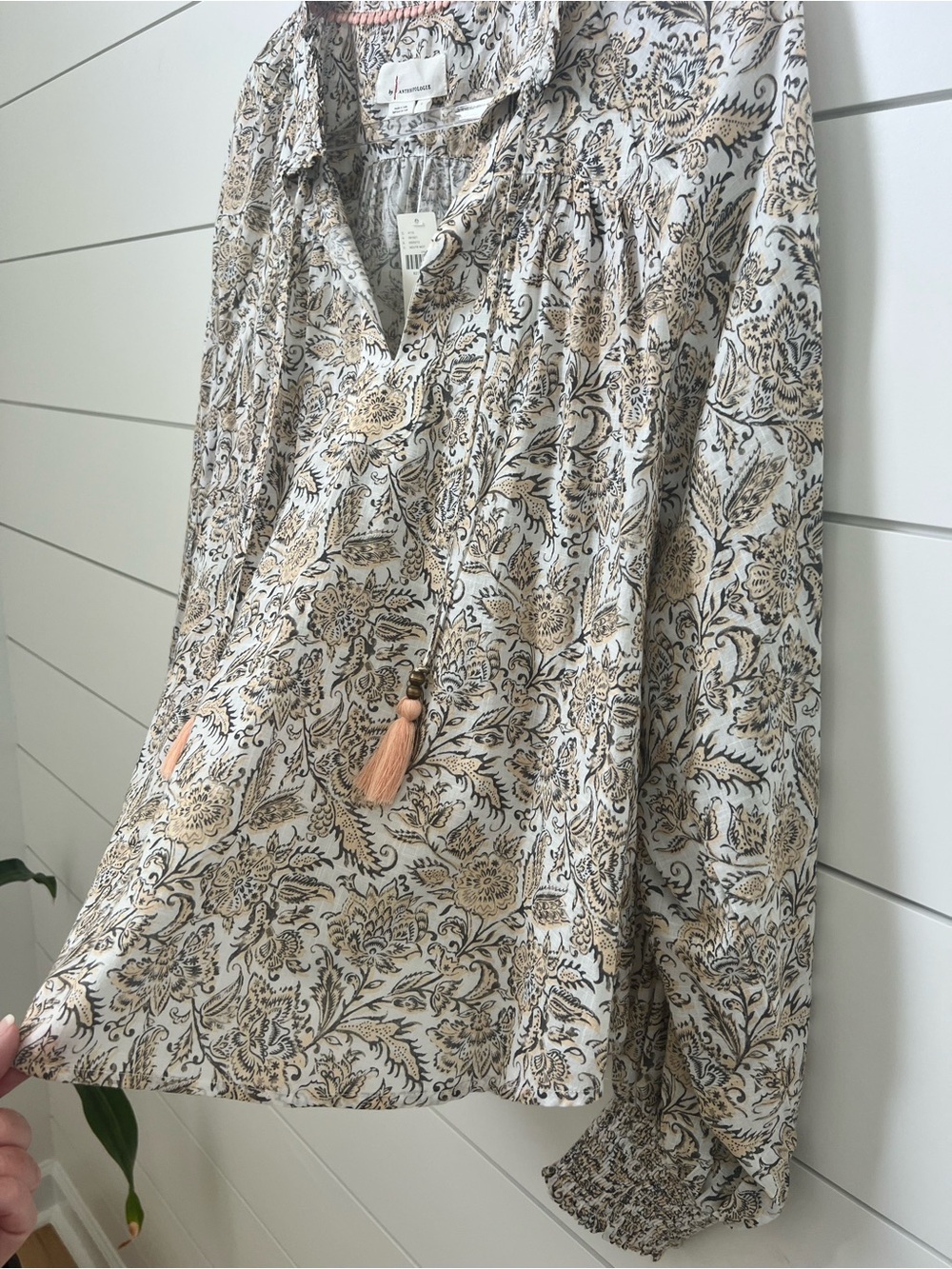 Anthropologie Floral Print Blouse in Beige and Gray